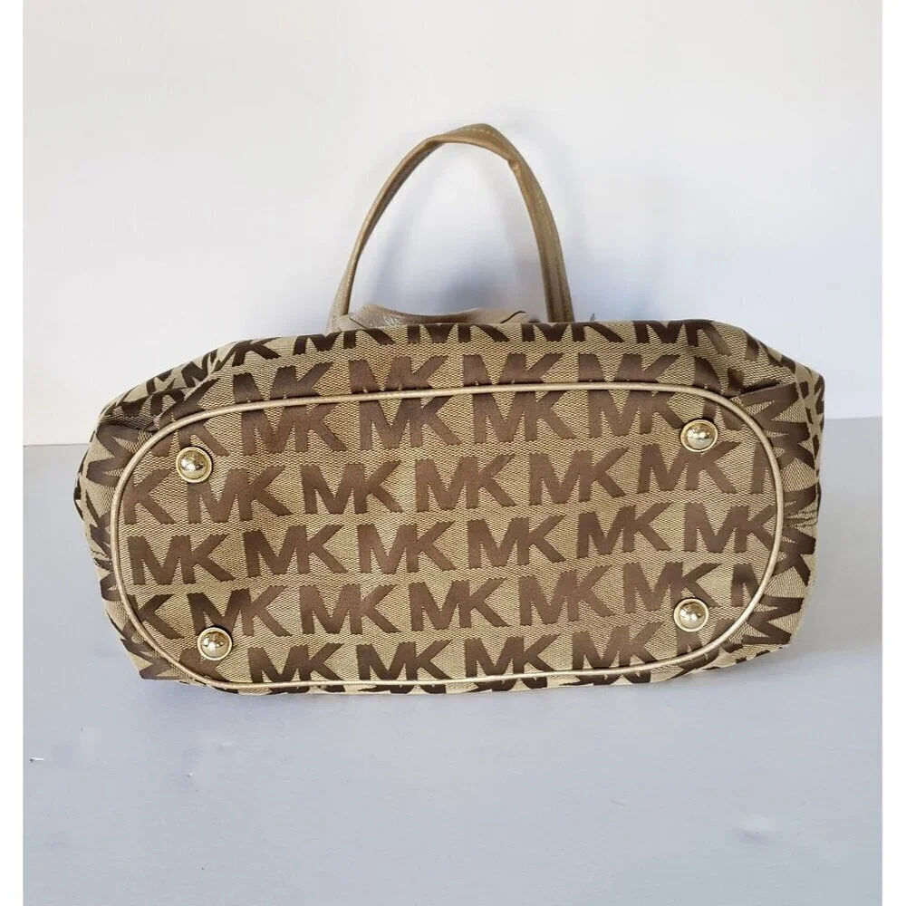 Michael Kors Jet Set Large Signature Gathered Hobo Satchel Tote Gold and Brown